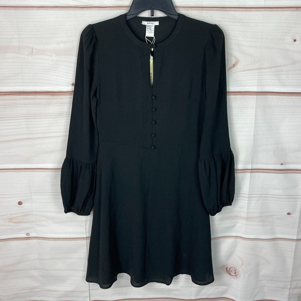 Esley Dress Womens Small Black 1/4 Button A-Line Long Sleeve Keyhole Neck Solid
